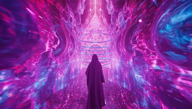 Cloaked figure in neon corridor with digital pyramid