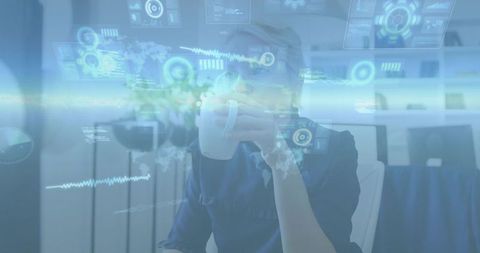 Female analyst sipping coffee studying augmented reality dashboard with holographic world map