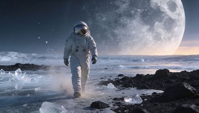 Astronaut walking across icy alien coast under giant moon with crystal shards