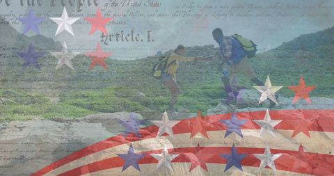 Hikers Overlaid with Patriotic Themes Celebrating Adventure