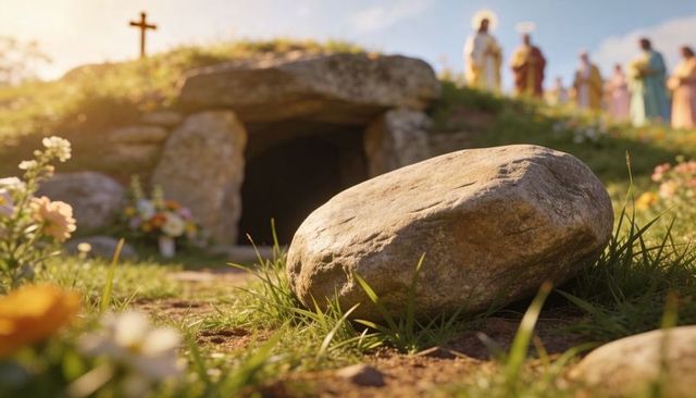 Sunlit empty tomb with stone rolled away, cross on hilltop, floral tributes and robed witnesses