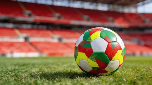 Multicolored soccer ball on stadium grass with red seats background for sports promotion