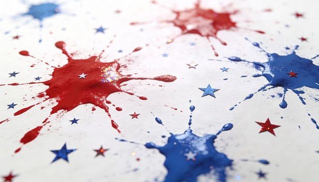 Red and blue paint splatters with glitter stars on white craft paper background festive