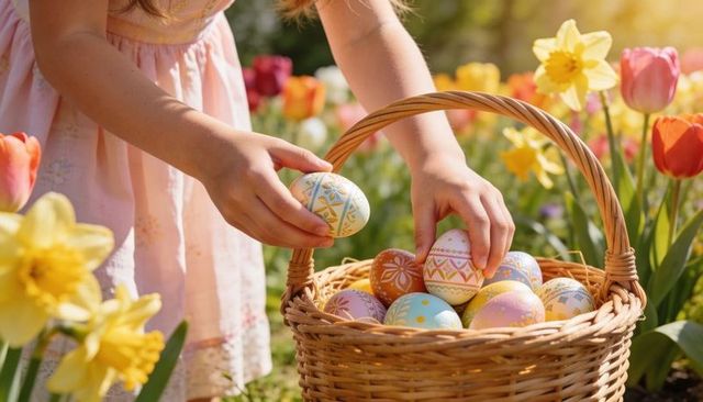 Child placing pastel easter eggs into wicker basket amid daffodils and tulips
