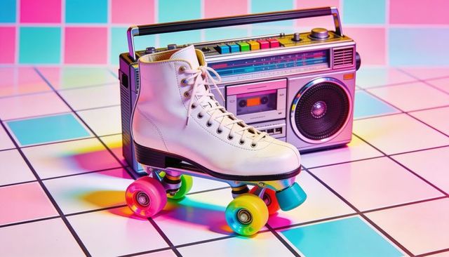 Retro roller skate with neon wheels and boombox on pastel grid floor for 80s disco vibes