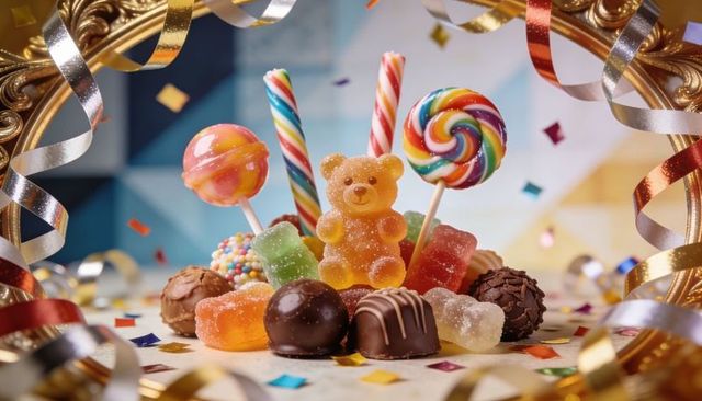 Festive candy centerpiece showcasing gummy bear, rainbow lollipops and chocolate truffles