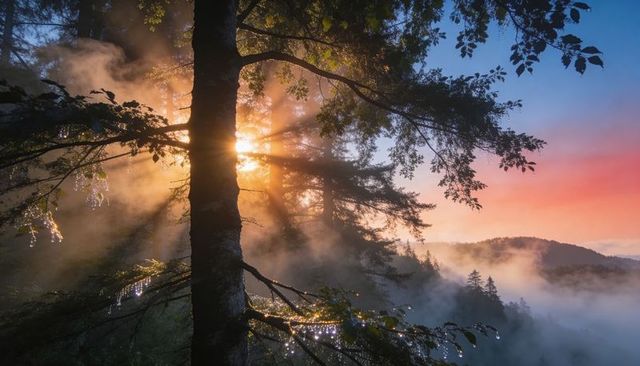 Sunlight Piercing Mist Through Forest Canopy, Dew Glistening on Branches