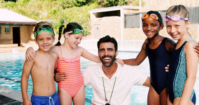 Swimming Instructor with Happy Kids at Outdoor Pool - Download Free Stock Images Pikwizard.com