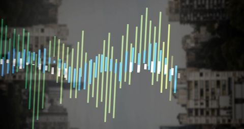 Colorful soundwave over urban skyline abstraction