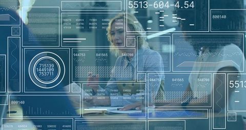 Female leader guiding team with futuristic analytics HUD during collaborative office meeting
