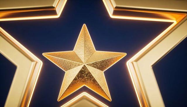 Shining textured gold star emblem with nested metallic outlines and warm rim light