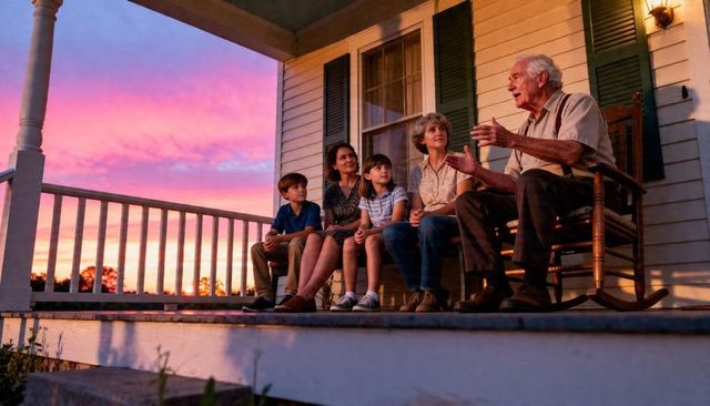 Multigenerational family listening to grandfather storytelling on front porch at sunset