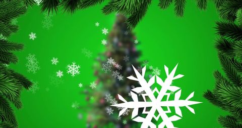 Christmas Tree on Green with Falling Snowflakes