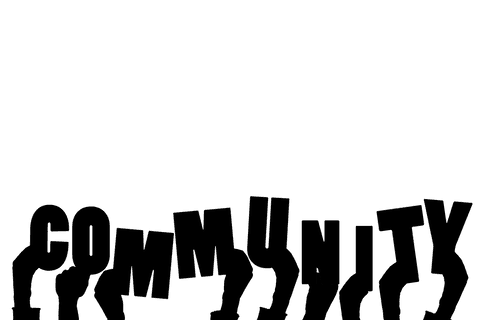 Transparent silhouette of hands holding community text