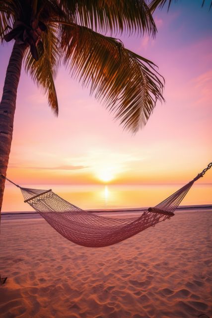 Wicker hammock on beach with palm tree at sunset, created using generative ai technology. Vacation at the beach in a wicker hammock concept digitally generated image.