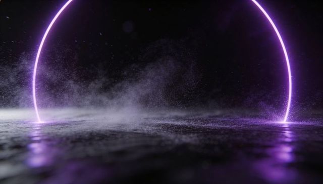 Purple neon portal arc over reflective floor with low fog and floating particles