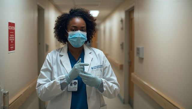 Clinician adjusting gloves in hospital corridor wearing mask, lab coat and id badge