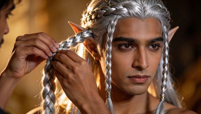 Male elf styling with silver braided wig and prosthetic ears — close portrait warm light