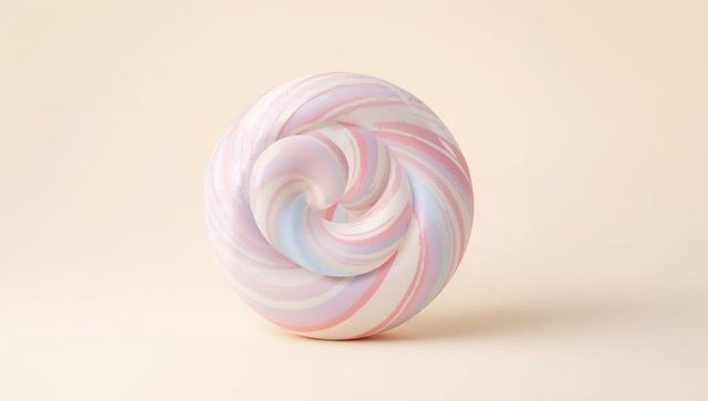 Resting Pastel Swirled Confection Orb on Cream Backdrop, Soft Ribbon Candy, Minimal Studio
