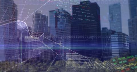 Financial Data and Binary Code Overlapping Cityscape