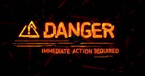 Glowing danger sign with warning text and shattered effect