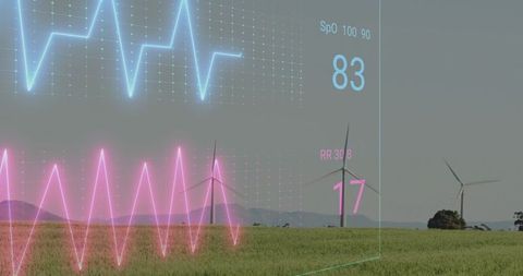 Futuristic Interface with Digital Waveforms Overlaid on Wind Farm Landscape