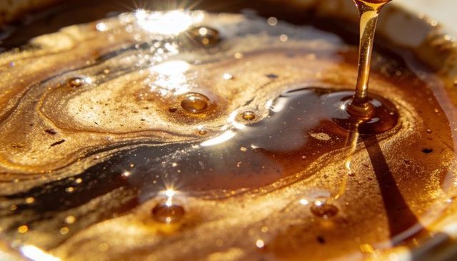Golden syrup pouring over shimmering caramel swirls texture glossy amber stream closeup