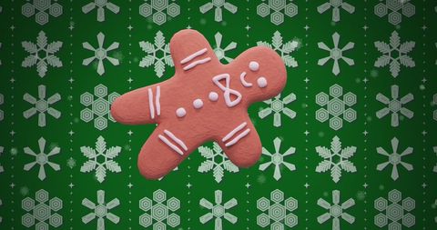 Gingerbread cookie on festive snowflake background