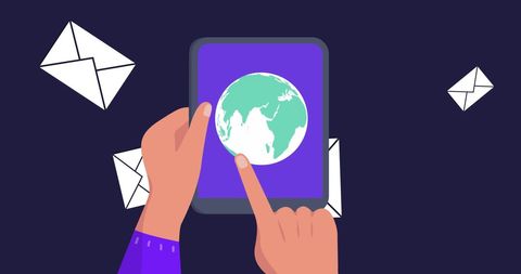 Hands interacting with digital globe on tablet