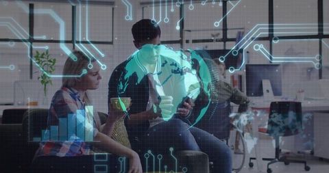 Collaborating team viewing augmented reality globe with analytics overlay in coworking hub