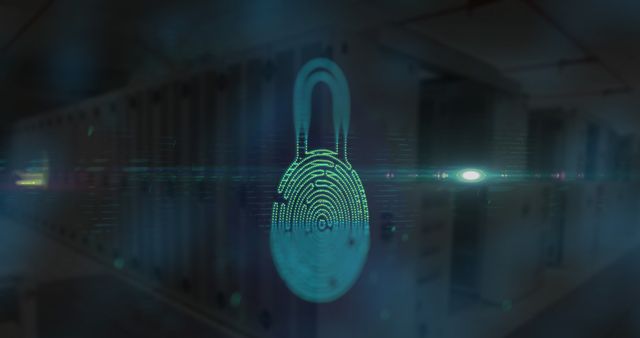 Illustration of digital padlock and fingerprint representing cybersecurity. Perfect for use in articles, presentations, and promotional material related to data protection, encryption, secure access, and privacy. Ideal for websites, cybersecurity firms, and educational purposes exploring digital security concepts.