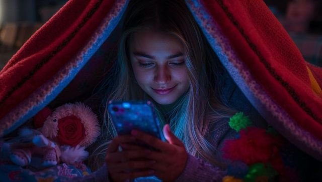 Girl Relaxing in Cozy Bedroom Blanket Tent with Smartphone