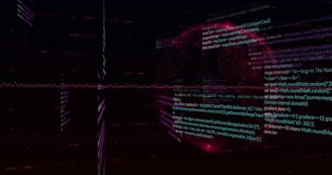 Neon cyberspace corridor displaying teal code over magenta particle cloud, holographic gridlines