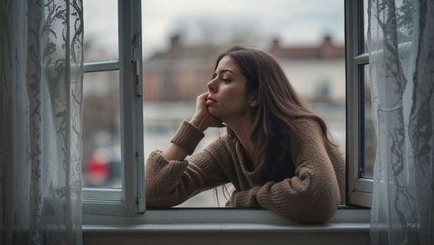 Contemplative woman at open window in city setting