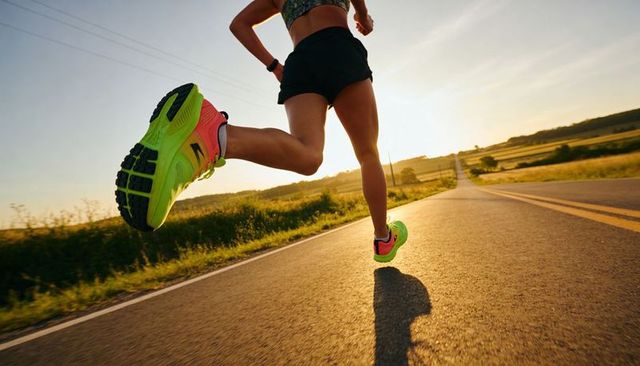 Runner sprinting down sunlit country road during golden hour with neon shoes and athletic shorts