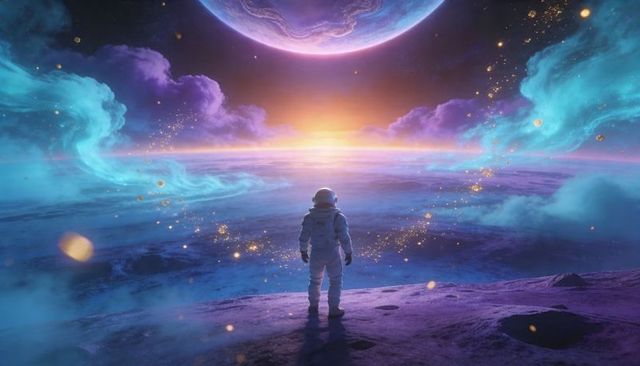Astronaut Standing on Alien Cliff Observing Teal Nebula and Giant Planet Over Horizon