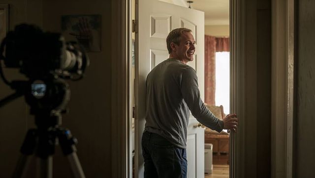 Man smiling while opening interior door with camera on tripod filming home video shoot