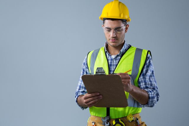Male architect wearing safety gear including a hard hat, reflective vest, and safety glasses, writing on a clipboard. Ideal for use in articles or advertisements related to construction, engineering, safety protocols, project management, and professional work environments.