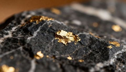 Gold flakes revealing in dark quartz vein rock macro closeup with metallic texture
