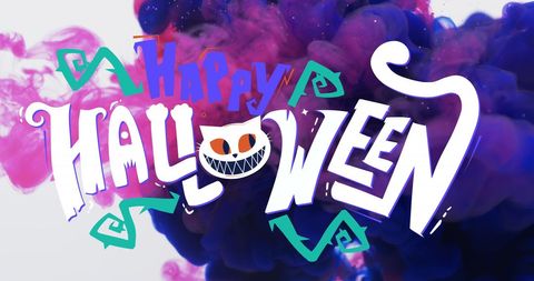 Happy Halloween Graphic with Colorful Smoke and Cartoon Cat