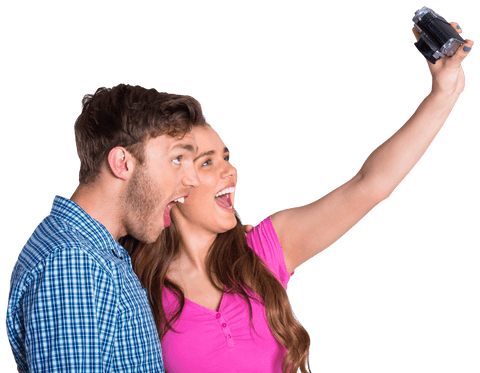 Joyful Young Couple Taking Selfie with Transparent Background