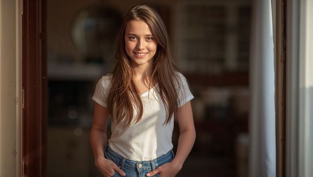 Smiling young woman standing in doorway wearing white t-shirt and denim jeans cozy portrait