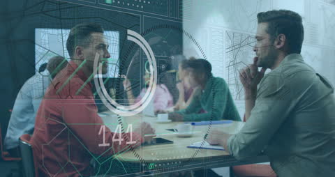 Business Meeting with Digital Data Overlay in Modern Office