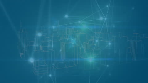 Digital Network Connections Over Abstract Cityscape