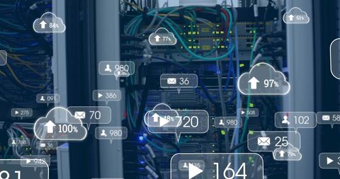 Digital Social Media Cloud Icons Over Server Equipment