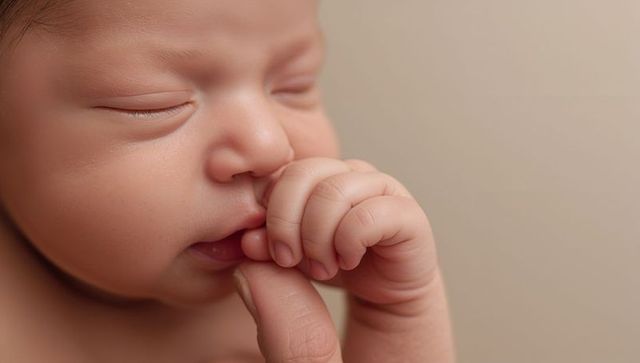 Sleeping newborn holding parent finger closeup soft warm beige portrait with copy space
