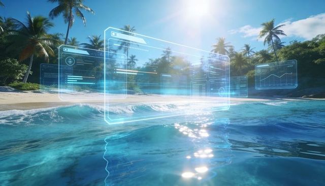 Holographic data interface floating above tropical beach with turquoise water reflections