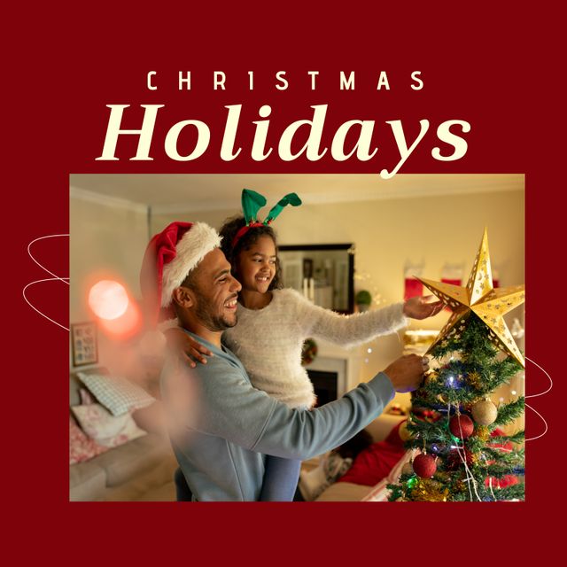 Composition of christmas holidays offer text over biracial father with daughter at christmas home. Christmas holidays, festivity, tradition and celebration concept.