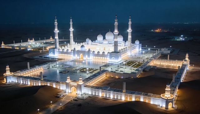 Nighttime illuminated grand mosque complex in desert — aerial view of domes and minarets