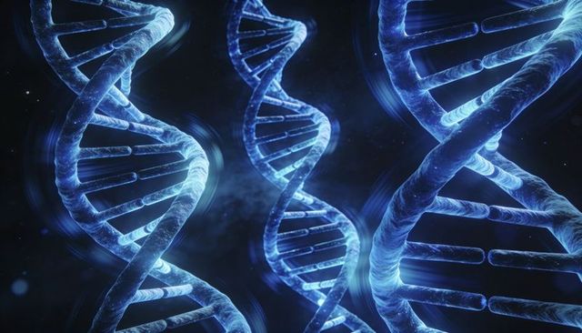Glowing blue dna helices spiraling in dark molecular space for genetic technology concept